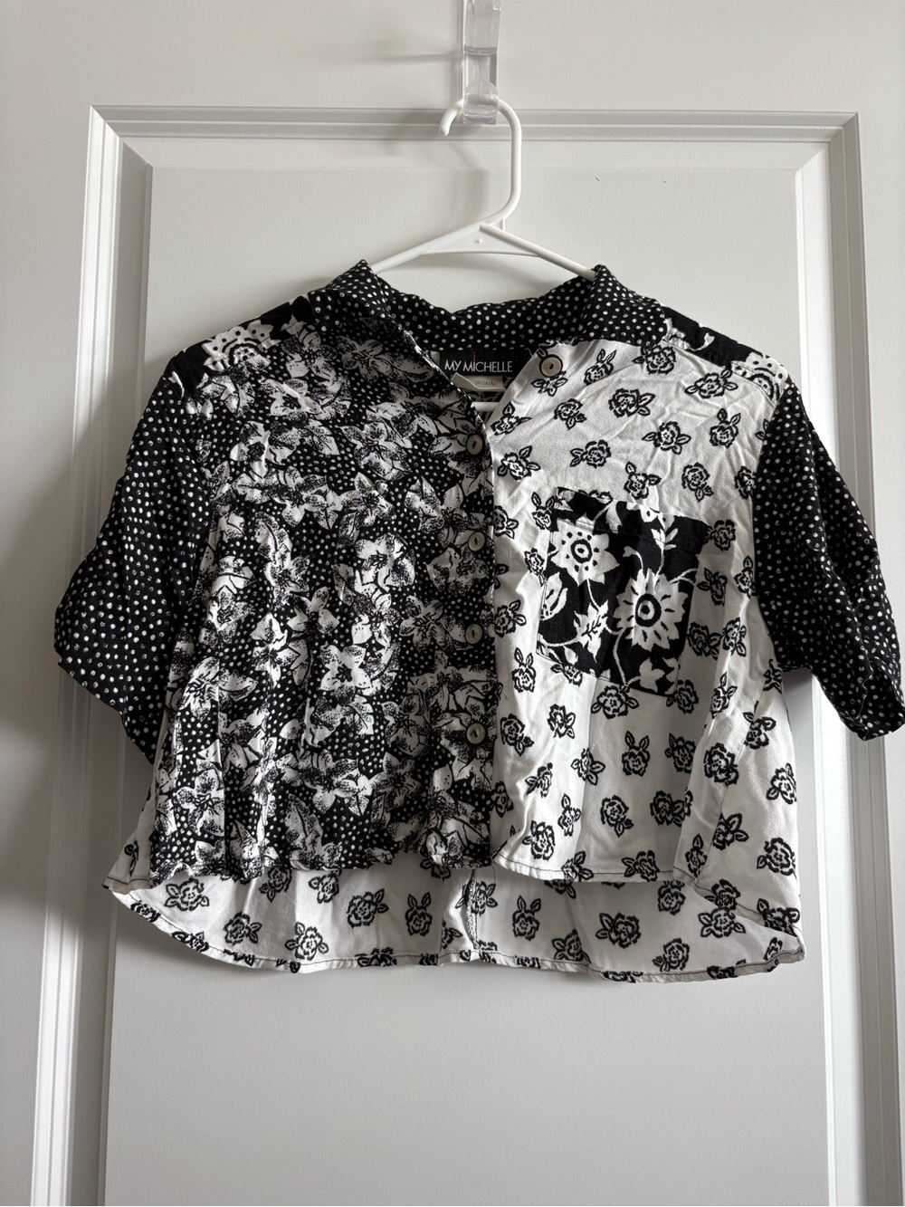 Vintage My Michelle B&W Patchwork Floral Polka Dot Blouse